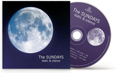 "The SUNDAYS static & silence" auf Hülle und CD. Vollmond auf dunkelblauem Hintergrund.