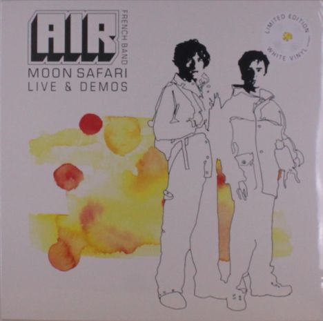 "Moon Safari Live & Demos" und "Limited Edition White Vinyl". Zwei Figuren in einer skizzenhaften Illustration.