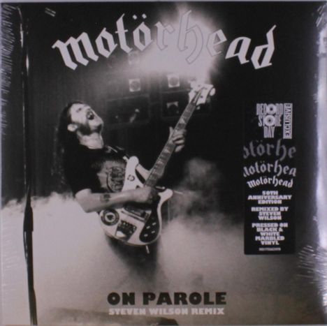 "Motörhead" in großer Schrift, "On Parole", "Steven Wilson Remix". Schwarz-weißes Bild eines rockenden Gitarristen.