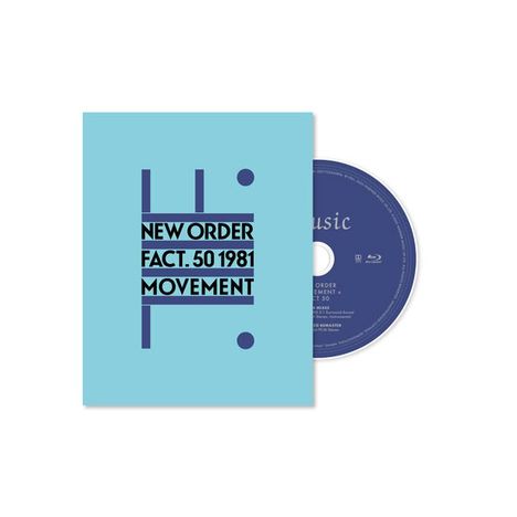 "NEW ORDER FACT. 50 1981 MOVEMENT" auf blauem Hintergrund. Eine CD liegt daneben.