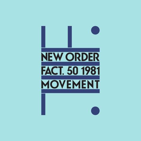 NEW ORDER FACT. 50 1981 MOVEMENT. Grafik mit Linien und Punkten auf hellblauem Hintergrund.