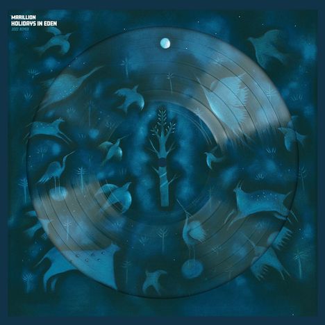 Text: "MARILLION HOLIDAYS IN EDEN 2022 REMIX". Blaue Illustrationen von Tieren und Bäumen auf einer Schallplatte.