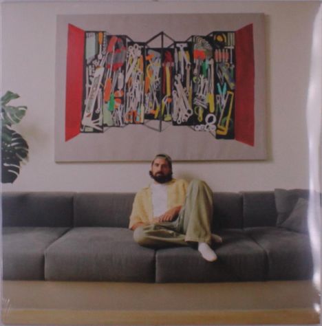 Ein Mann sitzt auf einem grauen Sofa, darüber hängt eine bunte abstrakte Illustration. Links eine grüne Pflanze.