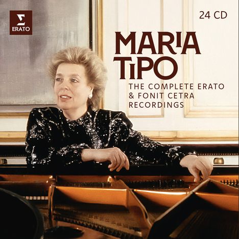 Texte: "MARIA TIPO", "THE COMPLETE ERATO & FONIT CETRA RECORDINGS", "24 CD". Eine Frau in schwarzem Paillettenkleid am Klavier.