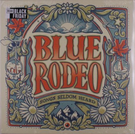 "BLUE RODEO: SONGS SELDOM HEARD." Farbenfrohe Illustration mit Blumen, Sonnenaufgang, Bergen und einem Leuchtturm.