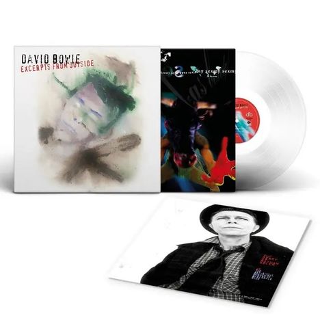 "DAVID BOWIE EXCERPTS FROM OUTSIDE" und "THE HEART’S FILTHY LESSON" sind zu lesen. Es gibt Schallplatten und Albumcover.
