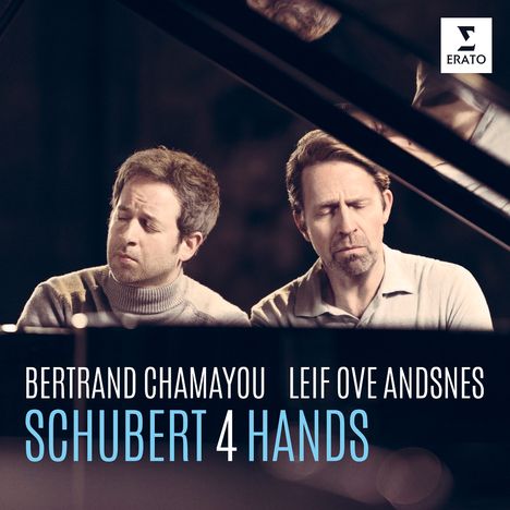 Text: "BERTRAND CHAMAYOU LEIF OVE ANDSNES SCHUBERT 4 HANDS". Zwei Männer spielen konzentriert am Klavier. Logo oben rechts.