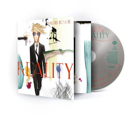 Texte: "DAVID BOWIE", "REALITY". Illustration: Person im Anzug, bunte, abstrakte Elemente im Hintergrund.