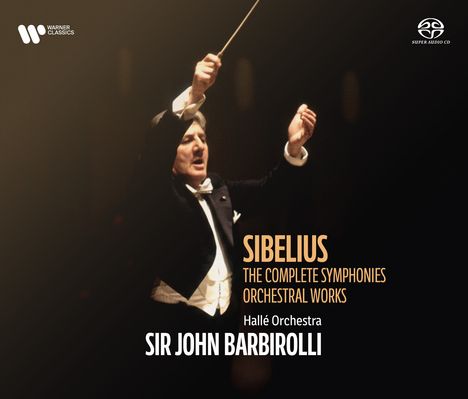 "SIBELIUS, The Complete Symphonies, Orchestral Works, Halle Orchestra, Sir John Barbirolli." Ein Dirigent hebt den Taktstock.