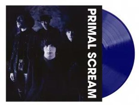 Text "PRIMAL SCREAM" vertikal. Links dunkles Foto einer Band. Rechts eine blaue Schallplatte.