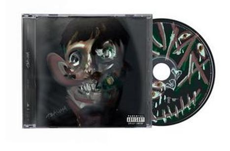Das Cover zeigt den Text "Parental Advisory Explicit Content". Ein verzerrtes, surrealistisches Porträt ziert Cover und CD.