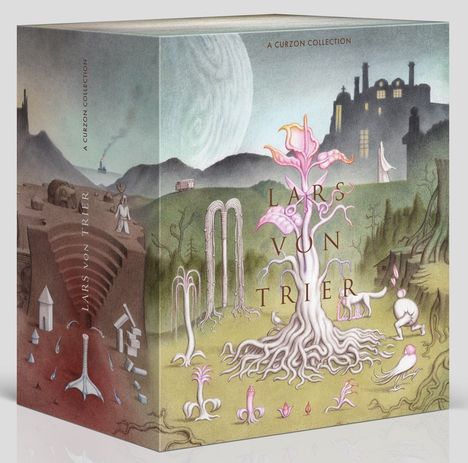 Texte: "Lars von Trier", "A Curzon Collection". Surreale Illustration mit bizarren Pflanzen und mysteriöser Szenerie.
