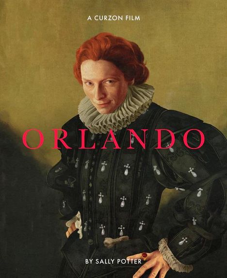 Oben steht „A Curzon Film“, darunter „ORLANDO“ in Rot. Unten „By Sally Potter“. Historisch gekleidete Person mit rotem Haar.