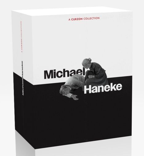 Text: "A CURZON COLLECTION", "Michael Haneke". Zwei Personen in dunkler Kleidung knien und sitzen.