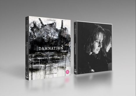 "Damnation", "A Curzon Film", "A Film by Béla Tarr", schwarz-weißes Cover, nachdenkliche Person im Profil.