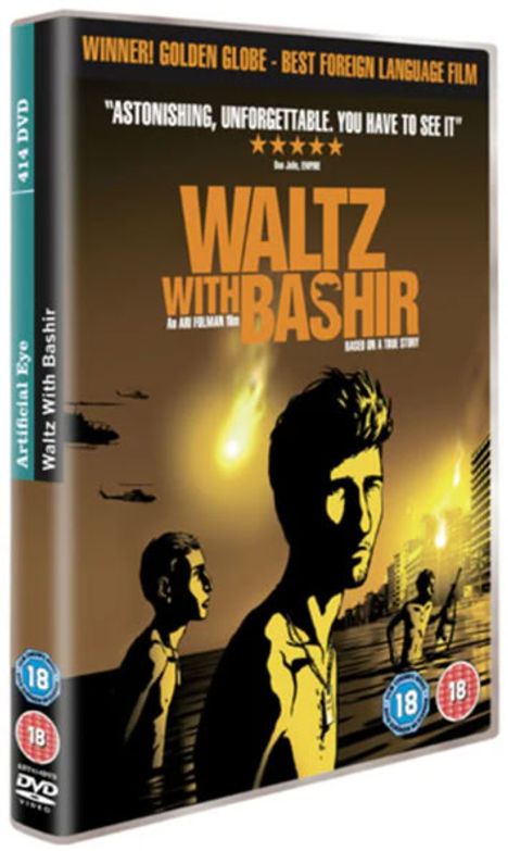 DVD-Hülle "Waltz with Bashir". Oben: Auszeichnungen. Mitte: Mann in gelb-orangenem Ton, unten: Ab 18.