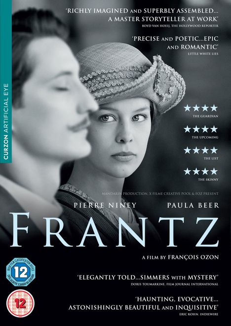 „Frantz“ von François Ozon. Kritiken beschreiben den Film als poetisch, episch und romantisch. Zwei Personen sind abgebildet.