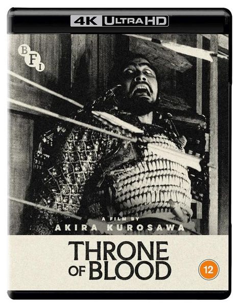 Text: "4K Ultra HD", "A film by Akira Kurosawa", "Throne of Blood". Ein Mann in traditioneller Rüstung, umgeben von Pfeilen.