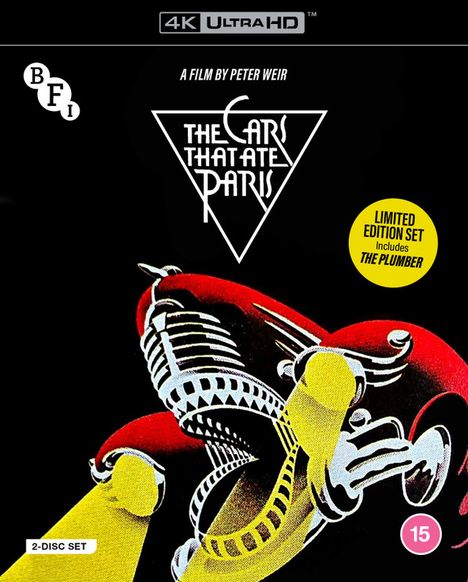 „THE CARS THAT ATE PARIS“ in einem Dreieck. Illustration eines stilisierten Autos, gelb beleuchtet.