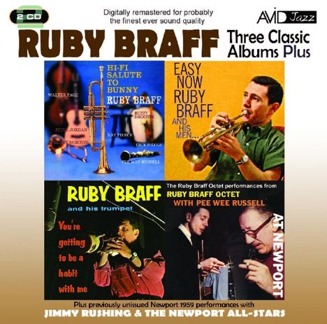 "RUBY BRAFF" in großen Buchstaben. Bilder von Trompetern und Instrumenten im Hintergrund von Albumcovern.
