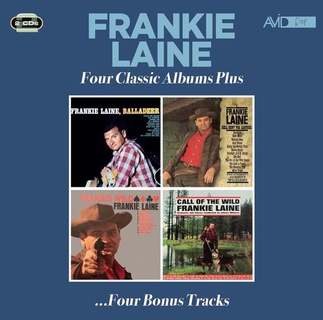 "FRANKIE LAINE, Four Classic Albums Plus...Four Bonus Tracks." Vier Albumcover mit Cowboy-Themen und Naturmotiven.