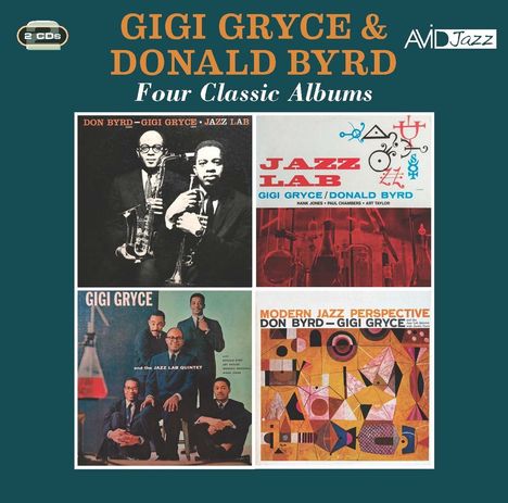 "GIGI GRYCE & DONALD BYRD, Four Classic Albums" zeigt vier Jazz-Albumcover, jeweils verschiedene Farbschemata.