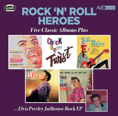 Text: "ROCK 'N' ROLL HEROES", "Five Classic Albums Plus", "Chuck Berry Twist", "Elvis Presley's Jailhouse Rock EP". Albumcover mit Musikern.