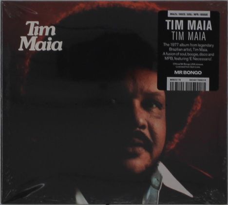 Oben links "Tim Maia". Rechts schwarzes Etikett: Details über das 1977er Album von Tim Maia. Dunkles Porträt eines Mannes.