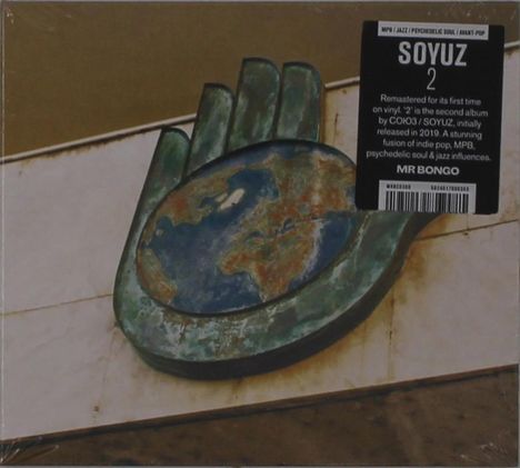 SOYUZ 2, remastered auf Vinyl. Illustration einer Erde auf einer stilisierten Hand.