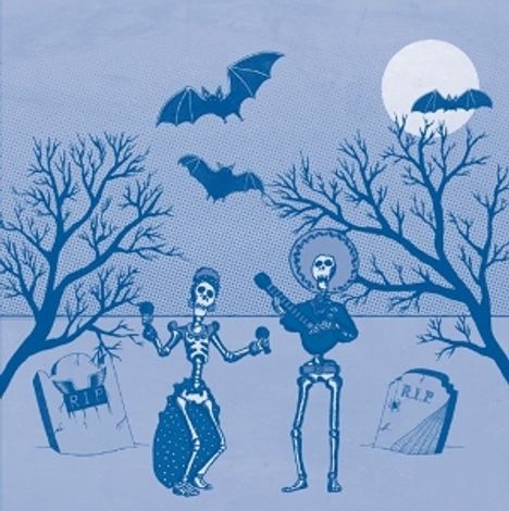 Texte: "RIP". Illustration von zwei Skeletten, die Musik machen. Fledermäuse fliegen, Bäume im Hintergrund.