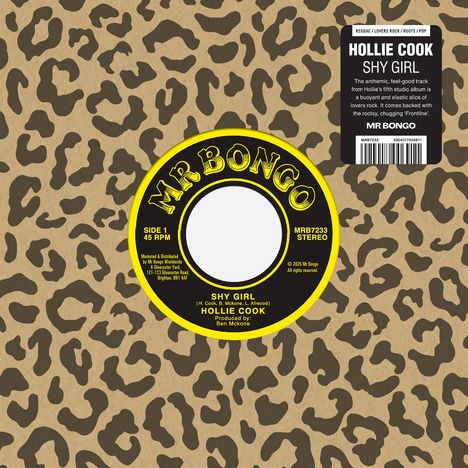 Logo-Tonträger mit Leopardenmuster. Text: "Hollie Cook: Shy Girl", "Mr Bongo".