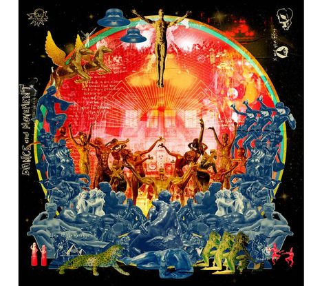 "DANCE and MOVEMENT". Dynamisches, farbenfrohes Gemälde mit tanzenden Figuren und surrealen Elementen.