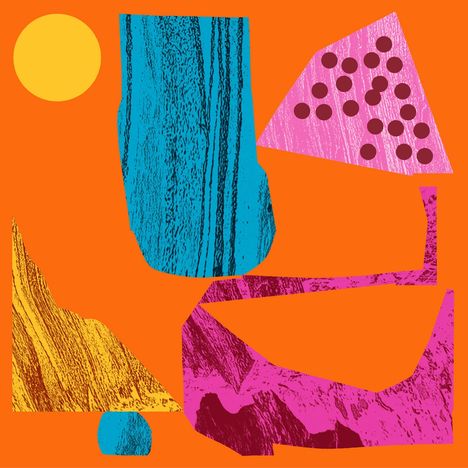 Kein Text sichtbar. Abstrakte Illustration mit blauen, gelben, pinken Formen und Punkten auf orangefarbenem Hintergrund.