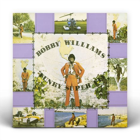 Text: "Bobby Williams Funky Super Fly". Menschen in roter Kleidung posieren vor verschiedenen Kulissen, wie Flugzeugen und Wasser.