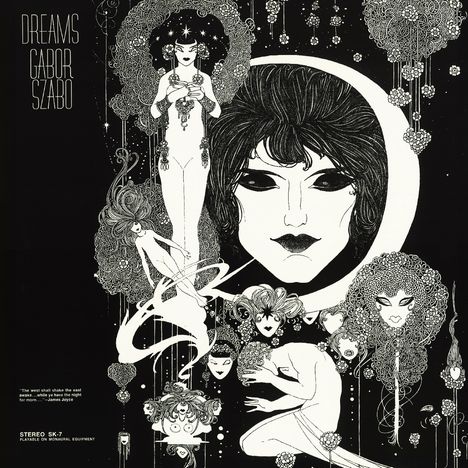 Texte: "DREAMS GABOR SZABO" und Zitat von James Joyce. Illustration mit stilisierten Frauen und fantastischen Motiven.