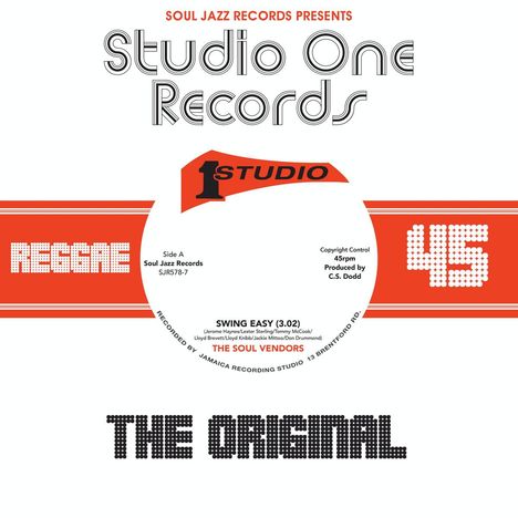 "Studio One Records", "REGGAE", "45", "THE ORIGINAL", "SWING EASY (3.02)", "THE SOUL VENDORS". Retro-LP-Design.