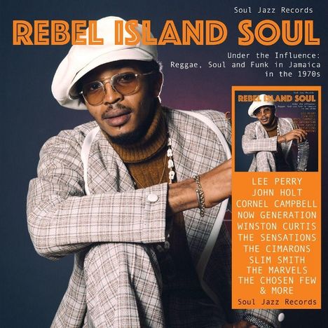 "REBEL ISLAND SOUL, Reggae, Soul and Funk in Jamaica in the 1970s. LEE PERRY, JOHN HOLT, CORNEL CAMPBELL." Ein Mann in Vintage-Outfit.