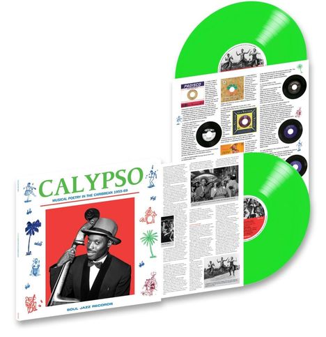 "CALYPSO - MUSICAL POETRY IN THE CARIBBEAN 1955-69" oben, bunte Schallplatte, tropische Illustrationen.