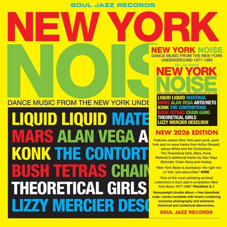 "NEW YORK NOISE" in großen Buchstaben, darunter Künstlernamen in bunten Farben, Beschreibung der Musik aus den Jahren 1977-1982.