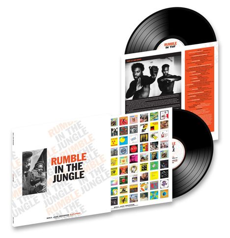 "RUMBLE IN THE JUNGLE" steht in großen Buchstaben auf einem Schallplattencover mit Retro-Design.