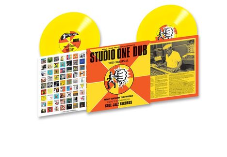 "STUDIO ONE DUB - THE ORIGINAL", "SOUL JAZZ RECORDS", Gelbe Schallplatten und Cover, Illustration mit Faust und Tänzer.