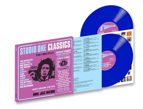 "Studio One Classics" in großer Schrift, darunter Künstlernamen wie The Skatalites, Bob Marley & The Wailers. Zwei blaue Schallplatten.