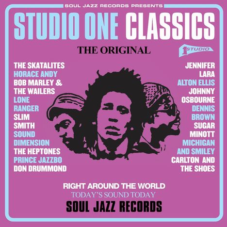 Texte: "STUDIO ONE CLASSICS", "THE ORIGINAL", Künstlernamen, "SOUL JAZZ RECORDS". Illustration mit drei Köpfen.