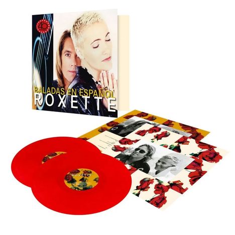 "Baladas en Español, Roxette." Zwei rote Schallplatten, ein Albumcover mit Porträts und Rosenmuster.
