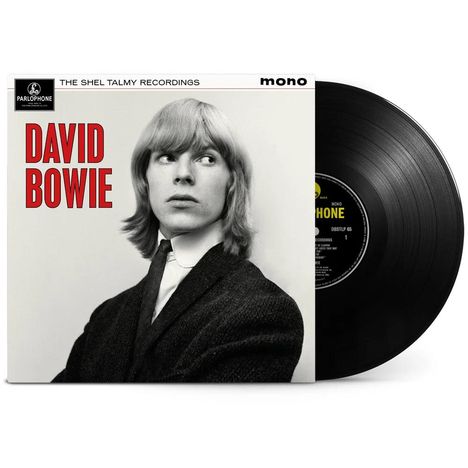 "David Bowie" in roten Buchstaben. Ein retro-schwarz-weiß Porträt eines jungen Mannes, der zur Seite schaut.