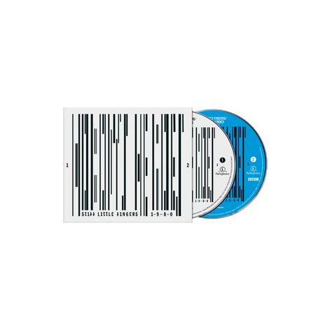Text: "STIFF LITTLE FINGERS 1-9-8-0". Zwei CDs, eine blau, mit Barcode-Grafik auf dem Cover.