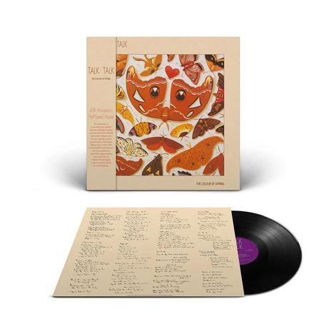 "Talk Talk", "The Colour of Spring", Schmetterlingsmuster auf Plattencover, schwarze Vinyl-Schallplatte mit beige Liedtextblatt.