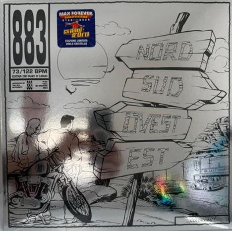 Texte: "Nord Sud Ovest Est", "MAX FOREVER", "83 73/122 BPM". Schwarz-weiße Illustration von Motorradfahrern vor einem Wegweiser.