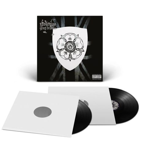 "gallows grey britain" steht auf einem Albumcover mit einer Rose auf einem Schild und einer Union Jack-Flagge im Hintergrund.