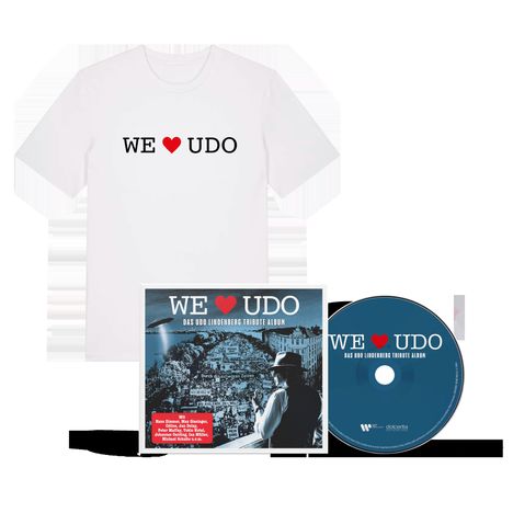 T-Shirt und CD mit "WE ♥ UDO", ein Udo Lindenberg Tribute Album. Cover zeigt Stadtansicht und Mann mit Hut von hinten.